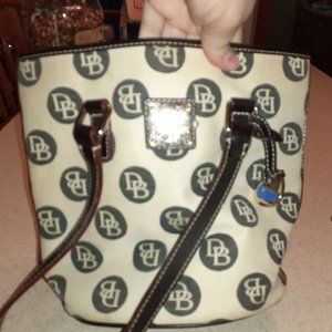 Dooney & Bourke Signature White and Brown Bucket Bag